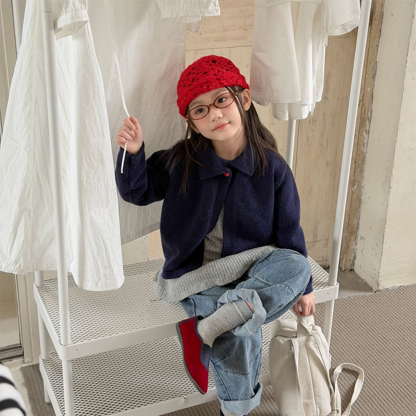 Kids' Polka Dot Collared Button-Up Long-Sleeve Knit Cardigan [mh0014056]