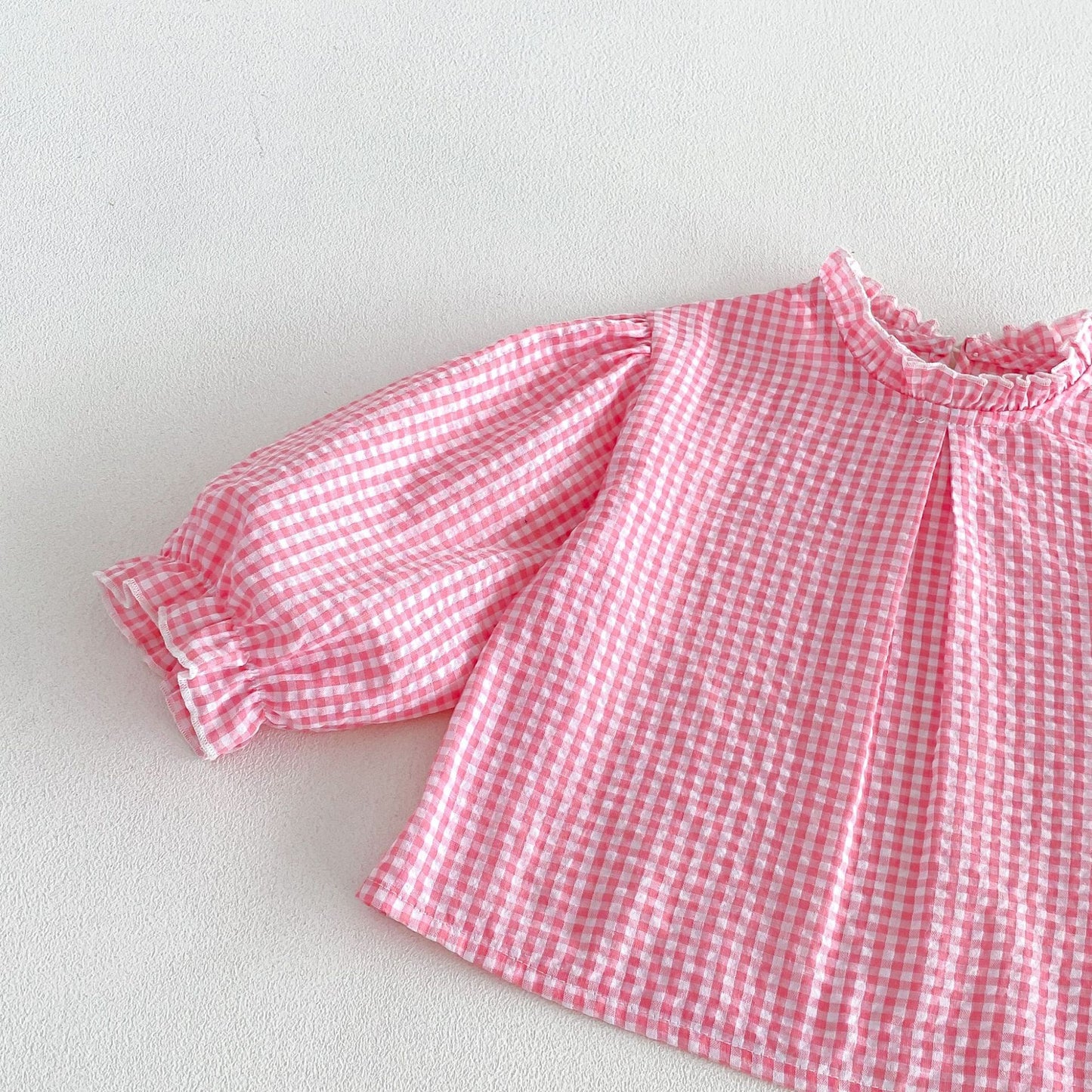 Blusa de manga larga con estampado de cuadros vichy para niños, con bordado floral y peto con pantalón [mh0014043]
