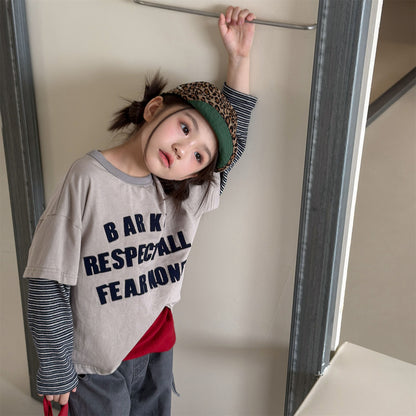 キッズ ボーダープリント レイヤード風 長袖Tシャツ【mh0014556】