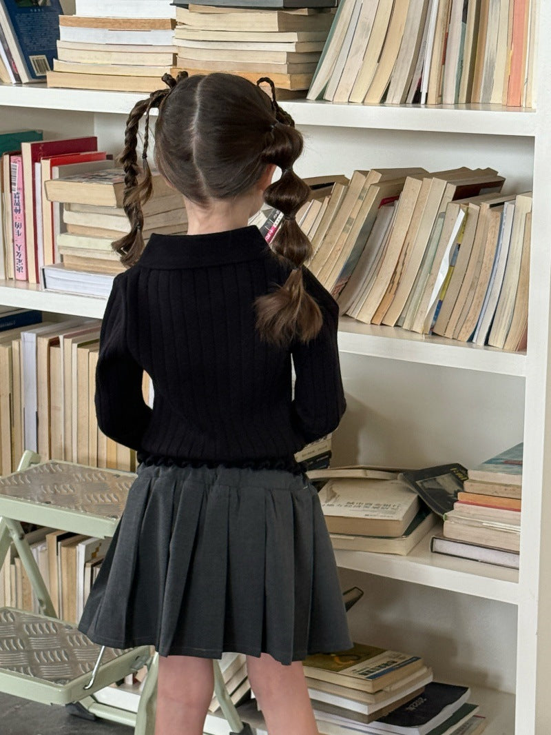 Kids' Ribbed Knit Round Neck Long-Sleeve Pullover with Frills