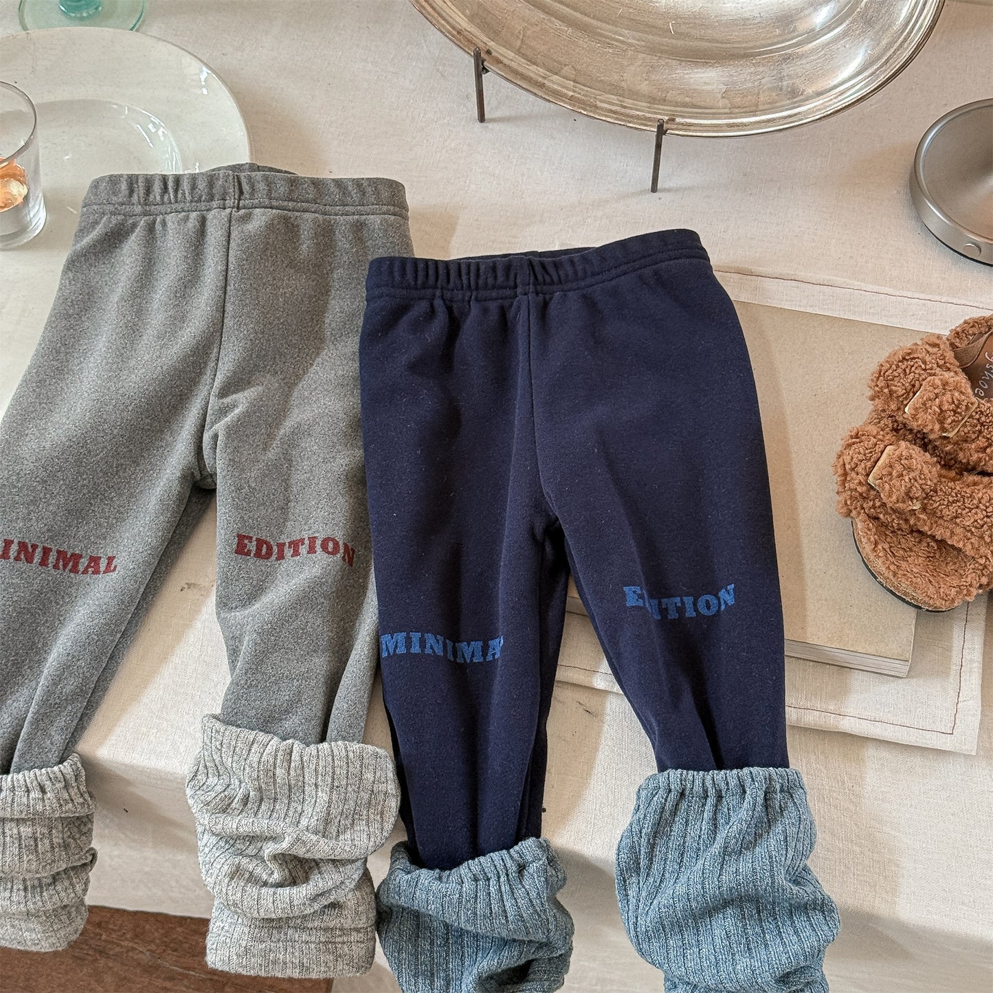 レギンスパンツ 裏起毛 ロゴ刺繍 ドッキング リブ ボトムス【mh0011611】