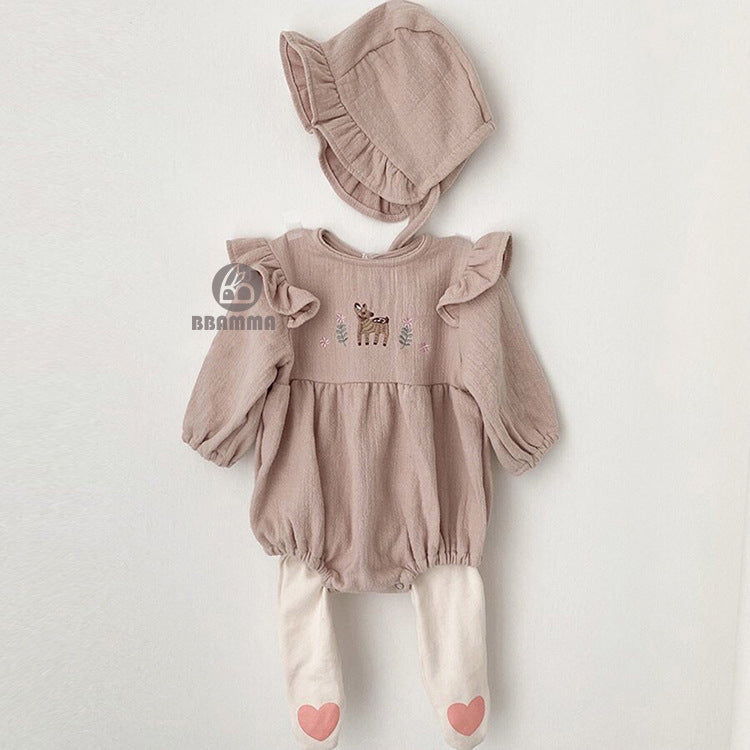 Fawn Embroidered Ruffle Bodysuit 小鹿 刺繍 フリル 長袖ロンパース【mh0012696】