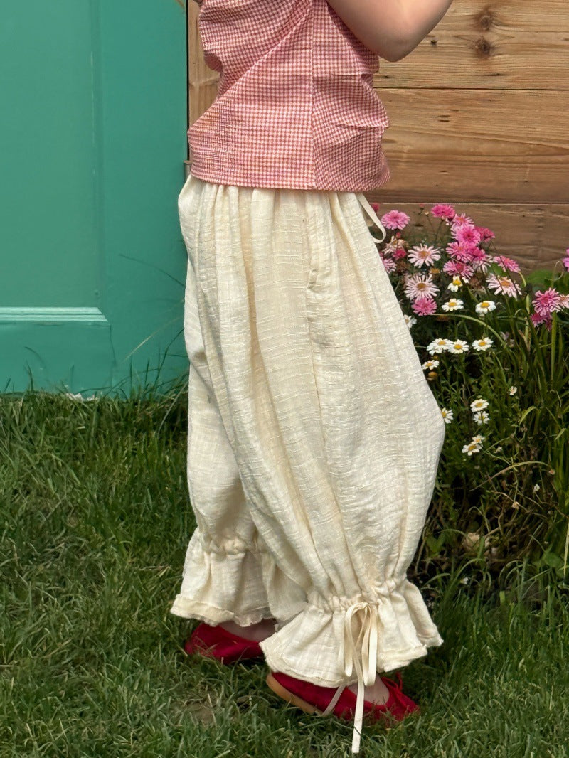 Asymmetric Plaid Shirt Long Pants 半袖パフスリーブブラウス フリルロングパンツ【mh0013236】