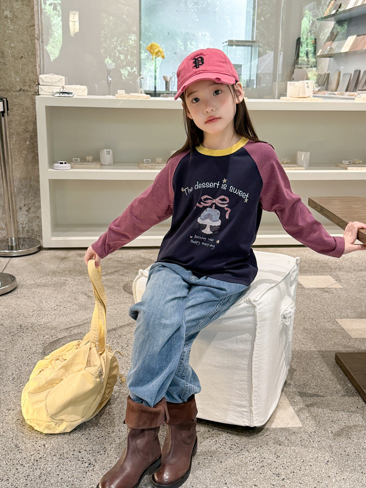 キッズ ジュニア 配色 バイカラー ラグラン プリント 長袖Tシャツ【mh0014416】