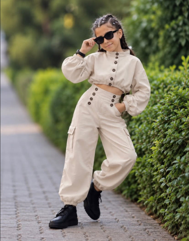 Conjunto infantil de sudadera de manga larga con cuello mao y corte cropped y pantalón cargo 【mh0014732】