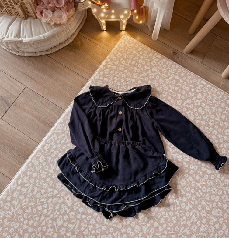 Kids' Piping Mellow Ruffle Long-Sleeve Blouse + Skirt Set【mh0014758】