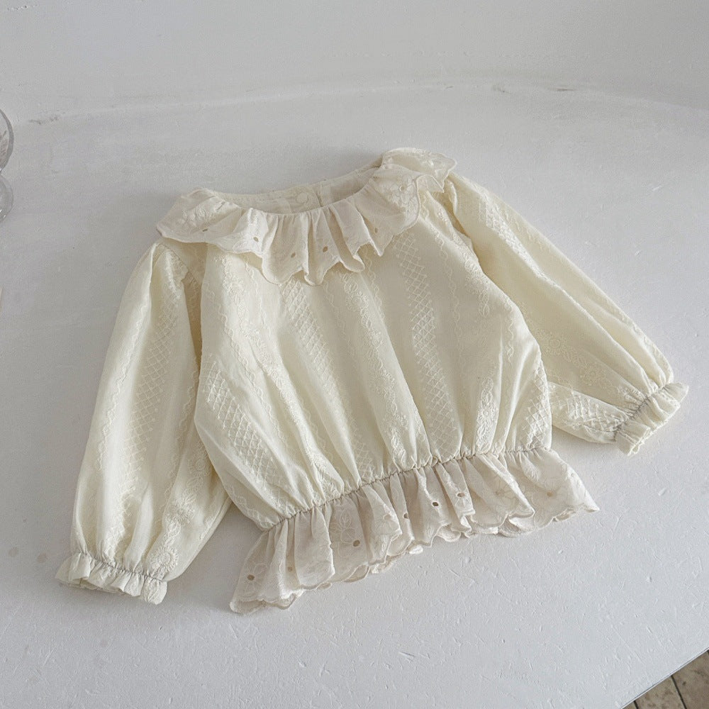 ベビー キッズ 刺繍 ラッフルカラー フリル裾 長袖ブラウス【mh0014356】