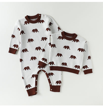 ニット長袖ロンパース/Tシャツ 象柄 コットン クルーネック【mh0011718】