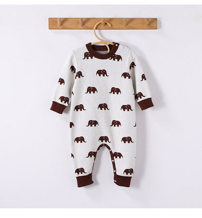 ニット長袖ロンパース/Tシャツ 象柄 コットン クルーネック【mh0011718】