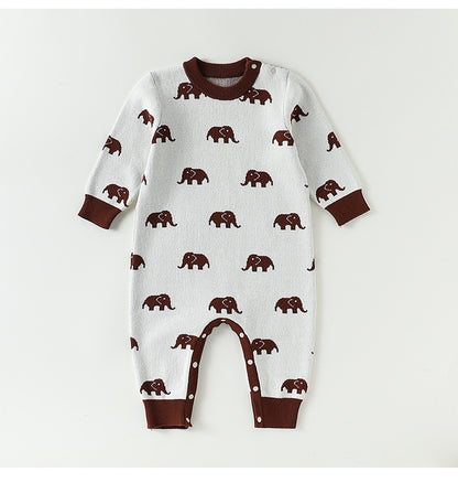 ニット長袖ロンパース/Tシャツ 象柄 コットン クルーネック【mh0011718】