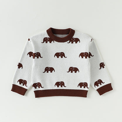 ニット長袖ロンパース/Tシャツ 象柄 コットン クルーネック【mh0011718】