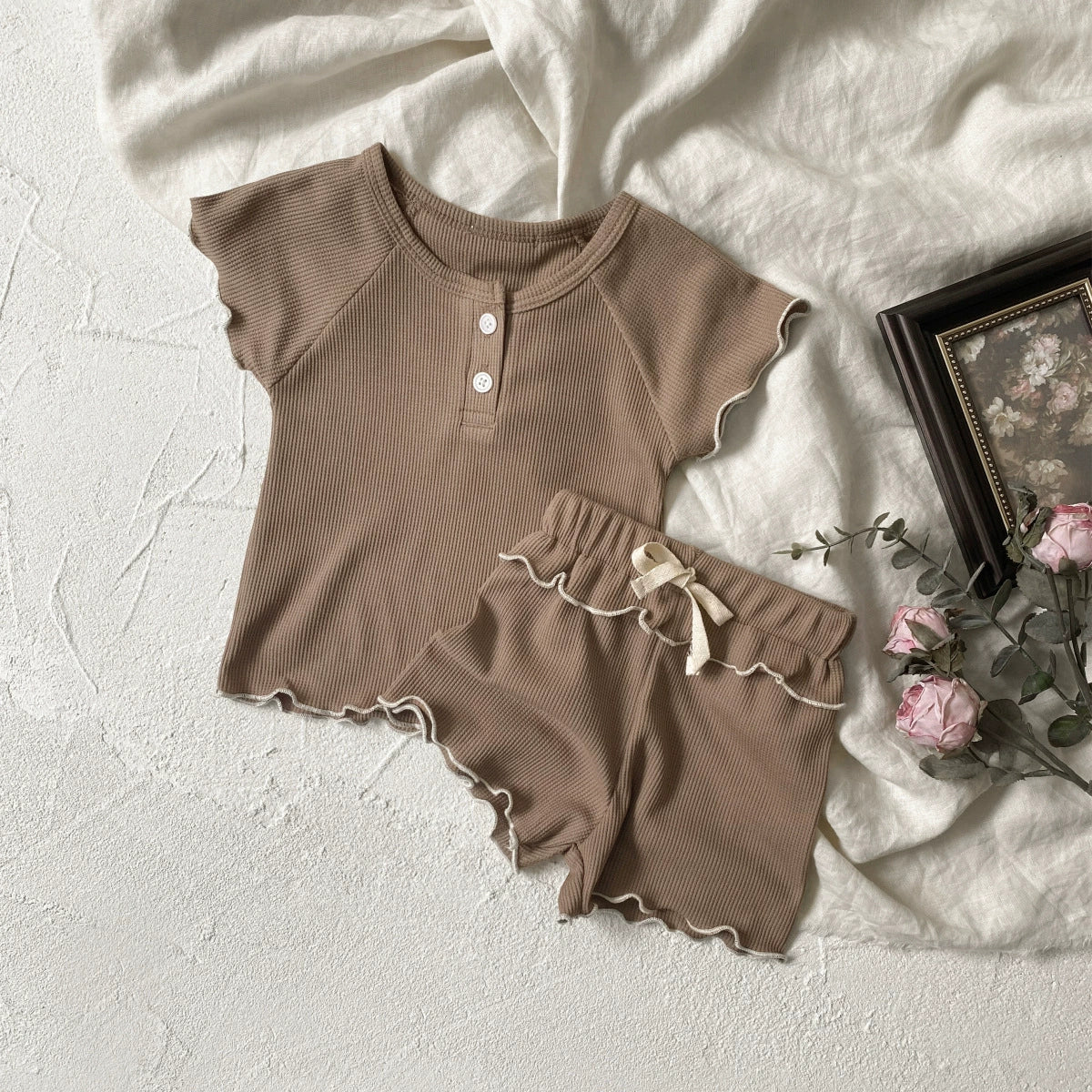 ベビーセットアップ 2点セット 半袖フリルTシャツ+フリルショートパンツ シンプルベーシック 3カラー【mh0005467】