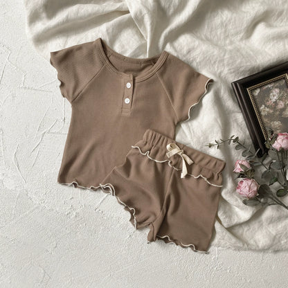 ベビーセットアップ 2点セット 半袖フリルTシャツ+フリルショートパンツ シンプルベーシック 3カラー【mh0005467】