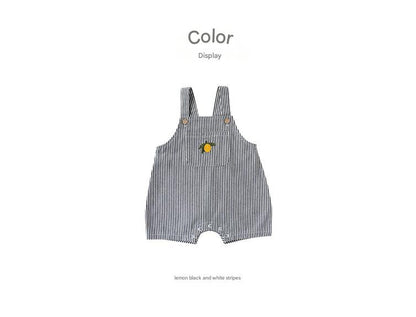 Lemon Striped Bib Shorts ストライプ 刺繍サロペット【mh0013036】