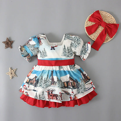 キッズワンピース クリスマスドレス ダブルレイヤースカート 半袖リボンワンピース ガールズ 女の子 子供服