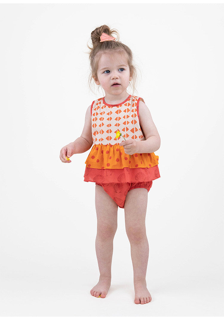 Sleeveless Ruffled Romper Dress 幾何学模様 ノースリーブロンパース【mh0013210】