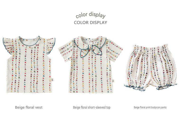 Floral Striped Ruffle Blouse Bow Collar Shirt Bloomers ボタニカル 半袖ブラウス ノースリーブシャツ ブルマパンツ【mh0013490】