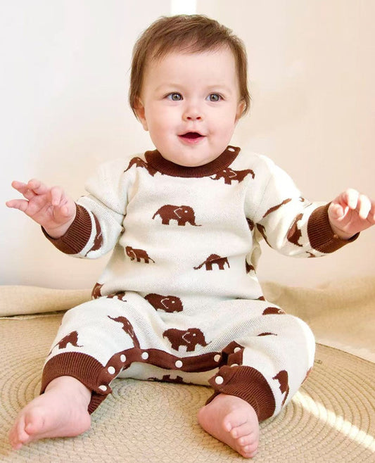 ニット長袖ロンパース/Tシャツ 象柄 コットン クルーネック【mh0011718】