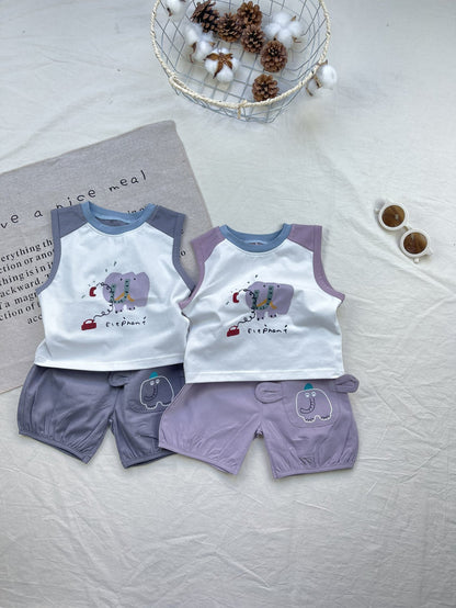 Elephant Graphic Vest Set ゾウ イラスト ノースリーブセット【mh0012916】