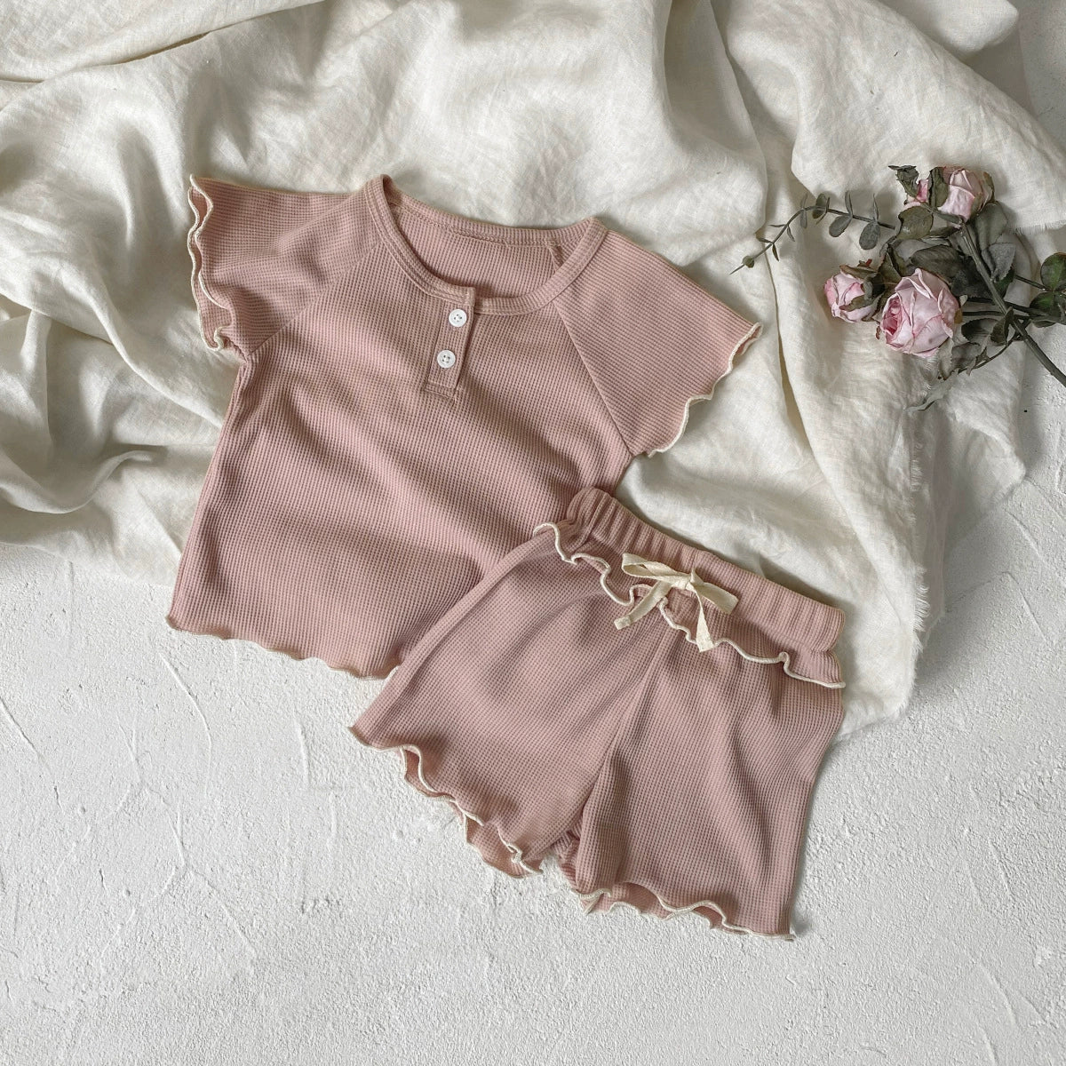 ベビーセットアップ 2点セット 半袖フリルTシャツ+フリルショートパンツ シンプルベーシック 3カラー【mh0005467】