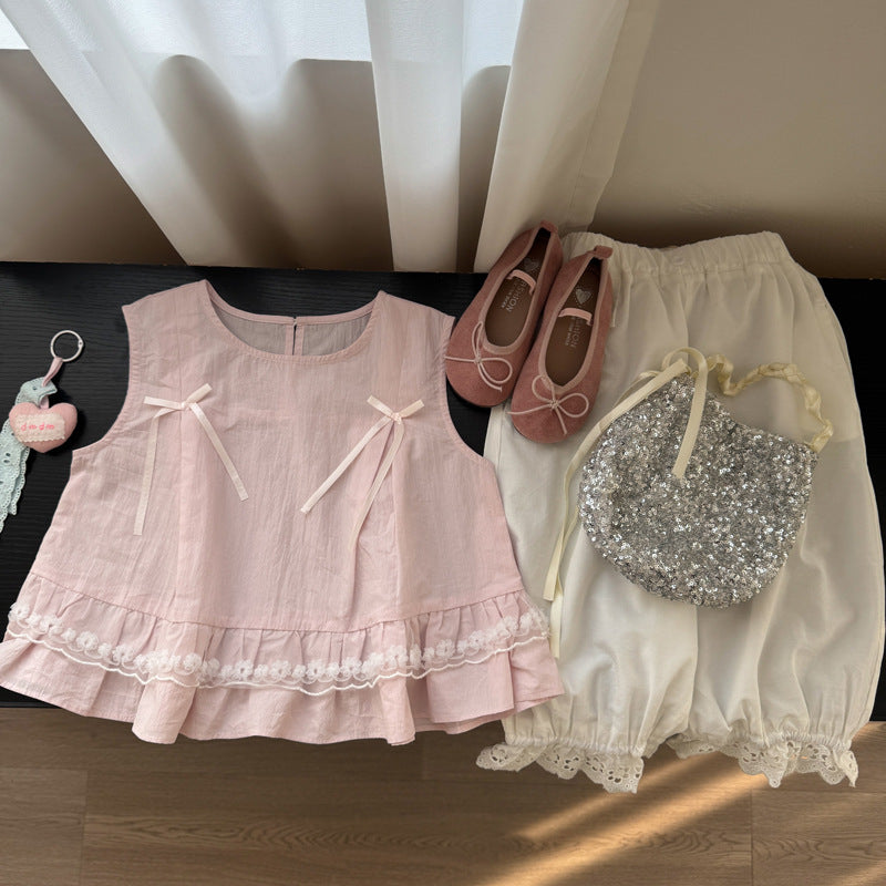 Lace Trim Bow Blouse リボン フリル ノースリーブブラウス【mh0013120】