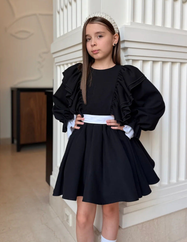 Kids' Ruffle Ribbon Long-Sleeve Dress 【mh0014738】
