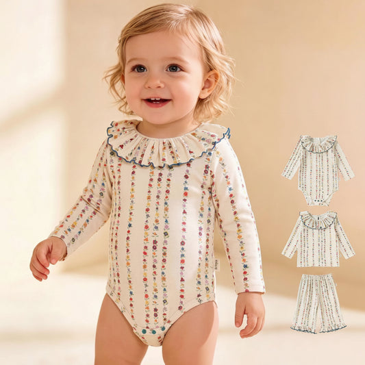 Bebé - Romper de manga larga con cuello de volantes y estampado floral, camiseta y pantalón capri [mh0013946]