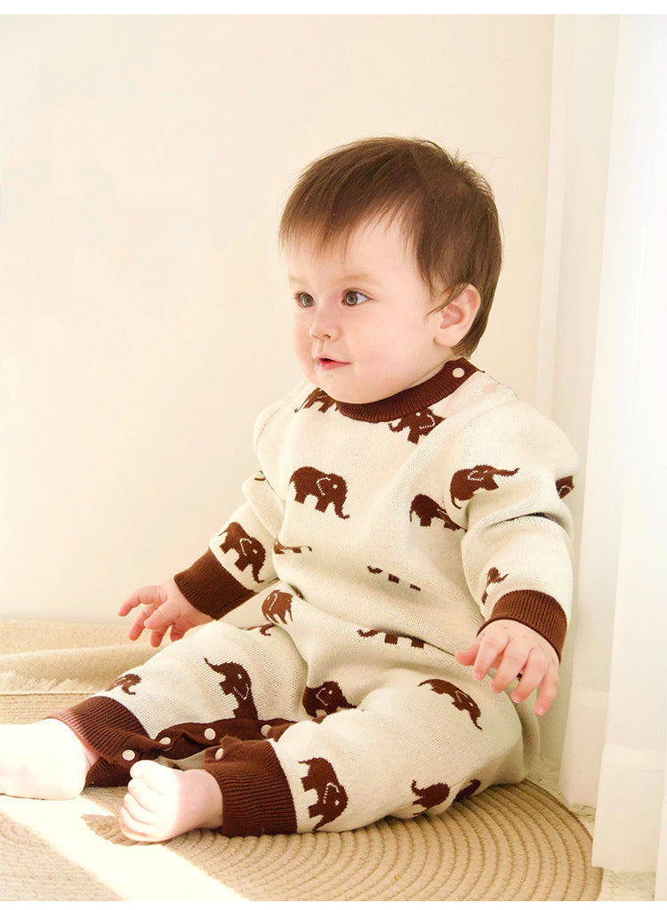 ニット長袖ロンパース/Tシャツ 象柄 コットン クルーネック【mh0011718】