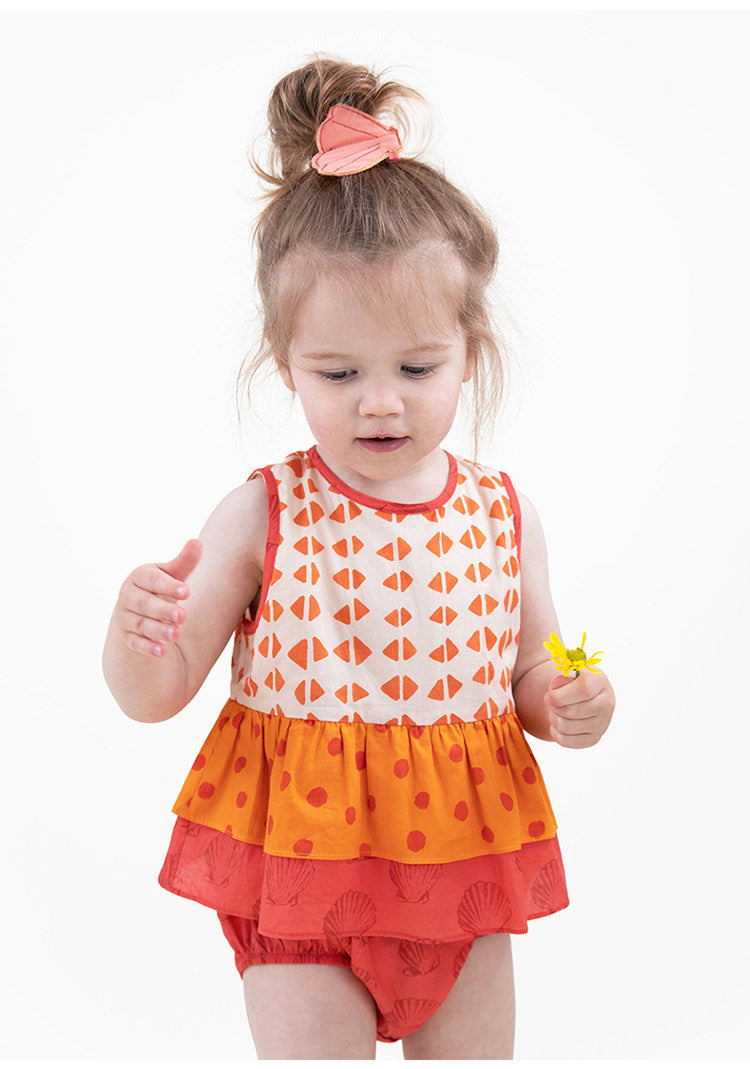Sleeveless Ruffled Romper Dress 幾何学模様 ノースリーブロンパース【mh0013210】