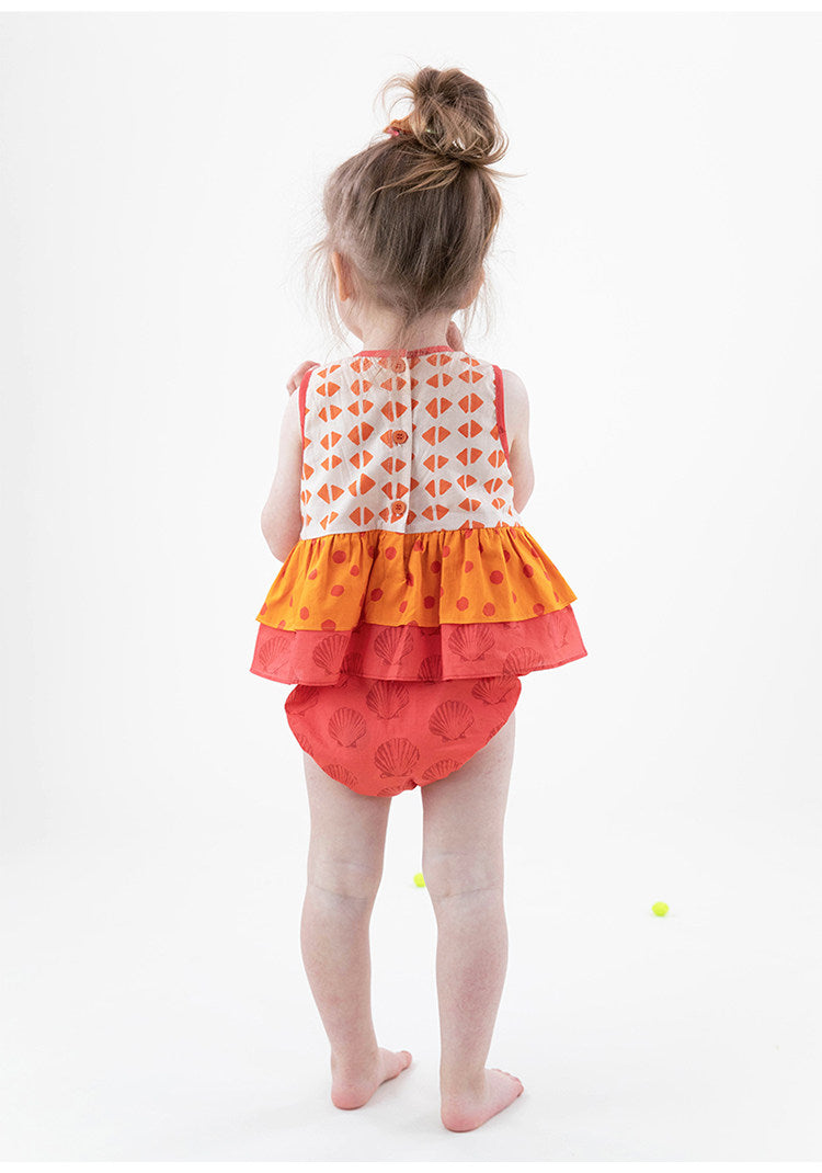 Sleeveless Ruffled Romper Dress 幾何学模様 ノースリーブロンパース【mh0013210】