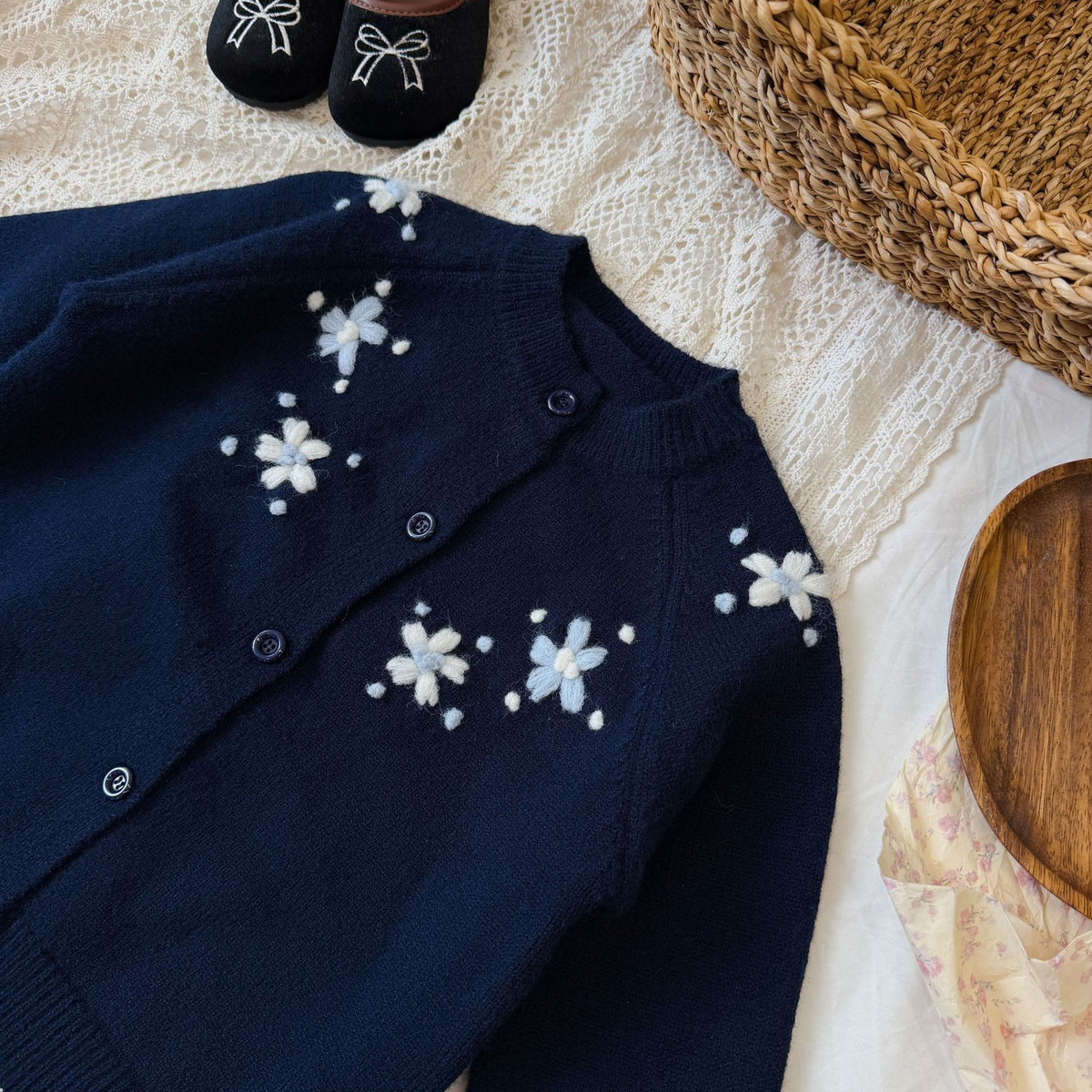 キッズ フラワー刺繍 クルーネック ニット カーディガン【mh0014518】