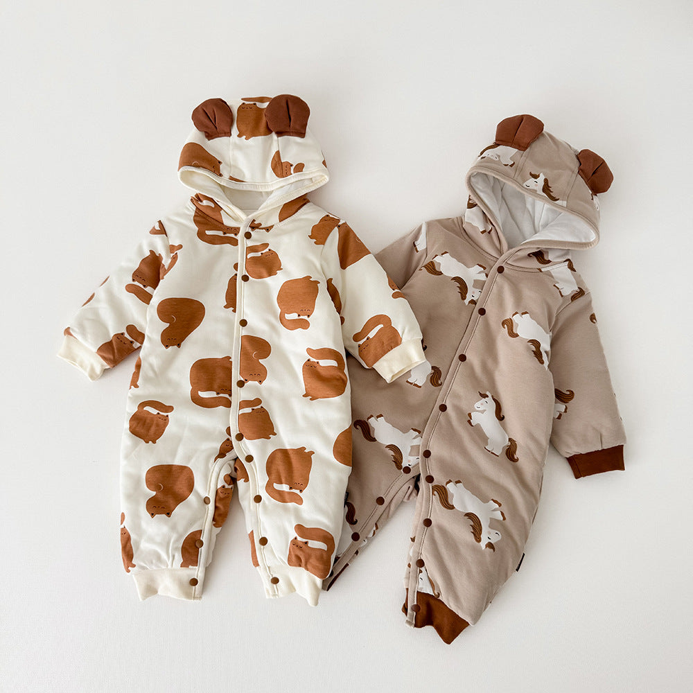 アウタージャンプスーツ 耳付きフーディ 中綿 厚手 プリント【mh0011695】