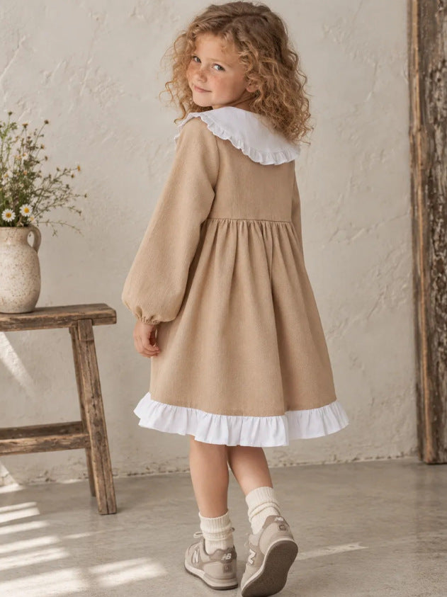 2027 INS Rusia Vestido sencillo de lino y algodón para niña con cuello de muñeca y encaje, vestido de princesa estilo JK infantil【mh0014746】