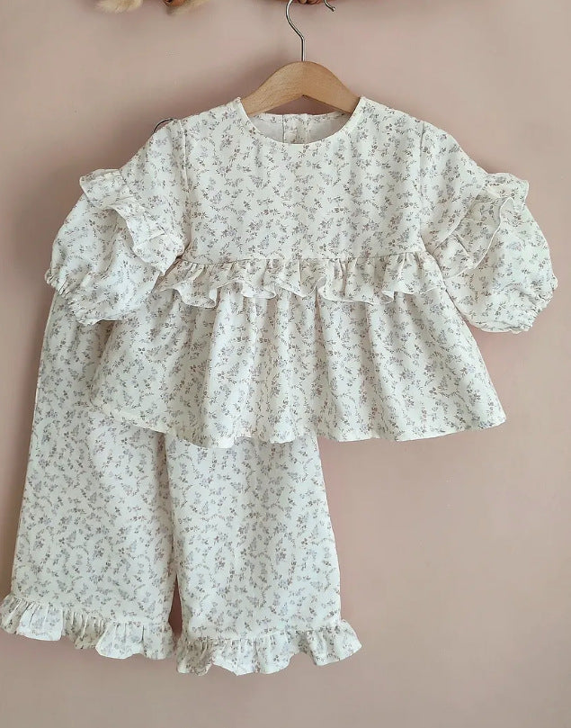 【mh0014750】2027 INS Ruso Top floral de muñeca de algodón para niñas + Pantalones anchos de encaje, Dos piezas francesas para niños