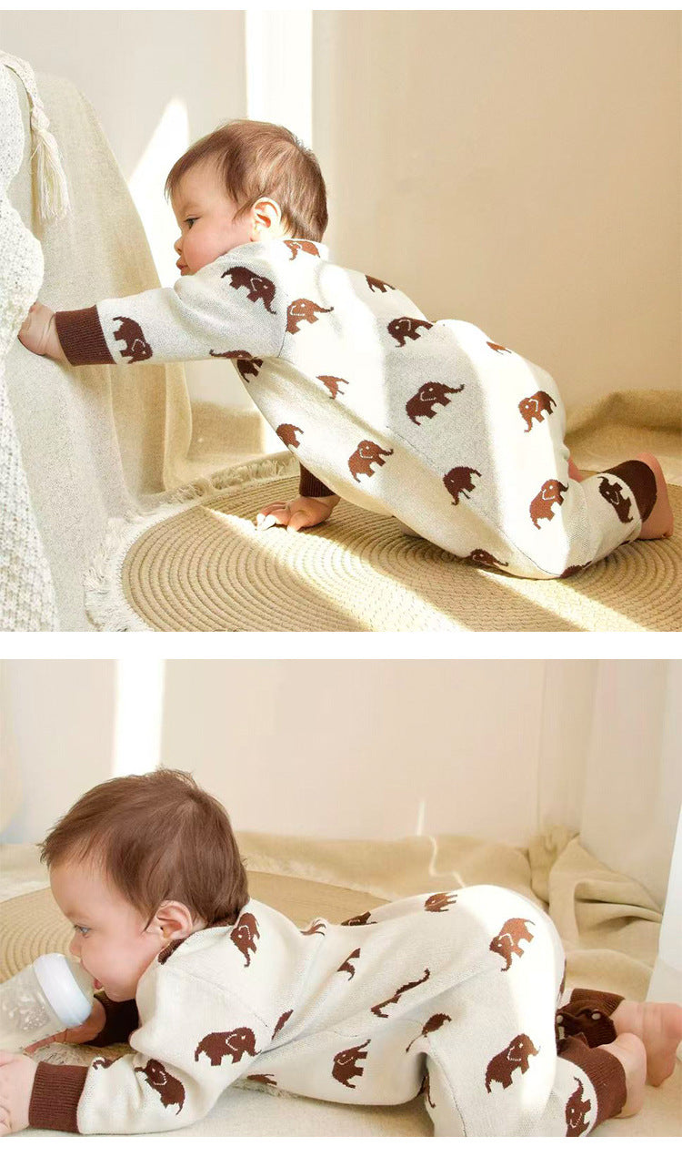 ニット長袖ロンパース/Tシャツ 象柄 コットン クルーネック【mh0011718】