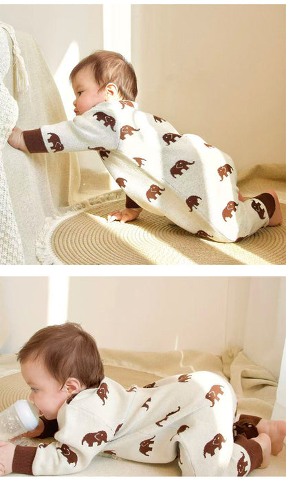 ニット長袖ロンパース/Tシャツ 象柄 コットン クルーネック【mh0011718】