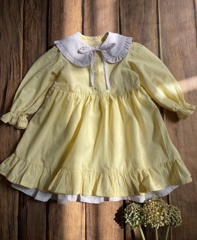 Kids' Long-Sleeve Dress with Ruffled Collar and Bow [mh0014755]