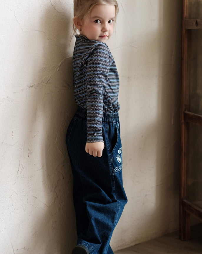 ワイドデニムパンツ 刺繍 ジーンズ キッズ 女の子 ボトムス【mh0011568】