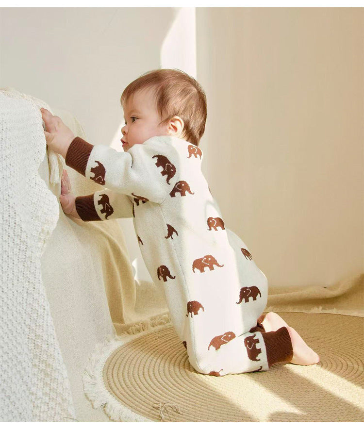 ニット長袖ロンパース/Tシャツ 象柄 コットン クルーネック【mh0011718】