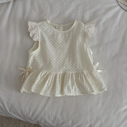 Blusa camisola con bordado de lazo y mangas con volantes para bebés y niños 【mh0014488】