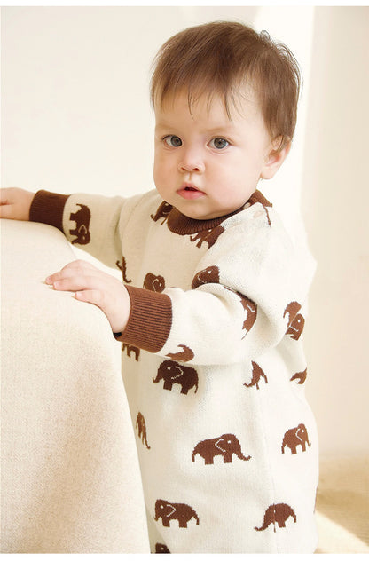 ニット長袖ロンパース/Tシャツ 象柄 コットン クルーネック【mh0011718】