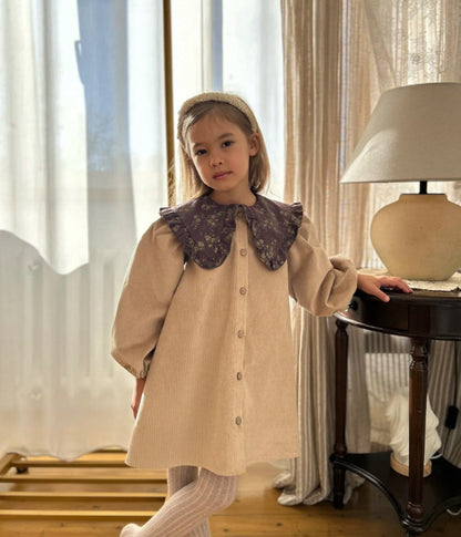 Kids' Floral Corduroy Long-Sleeve Dress with Floral Ruffle Collar【mh0014756】