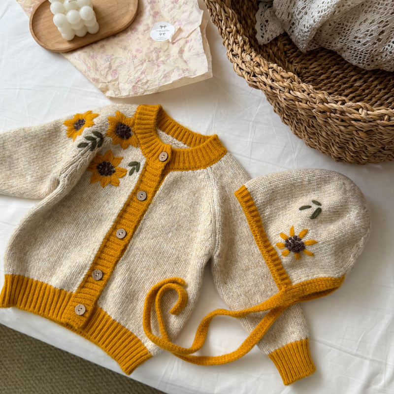 キッズ サンフラワー フラワー 刺繍 帽子付き ニット カーディガン【mh0014531】