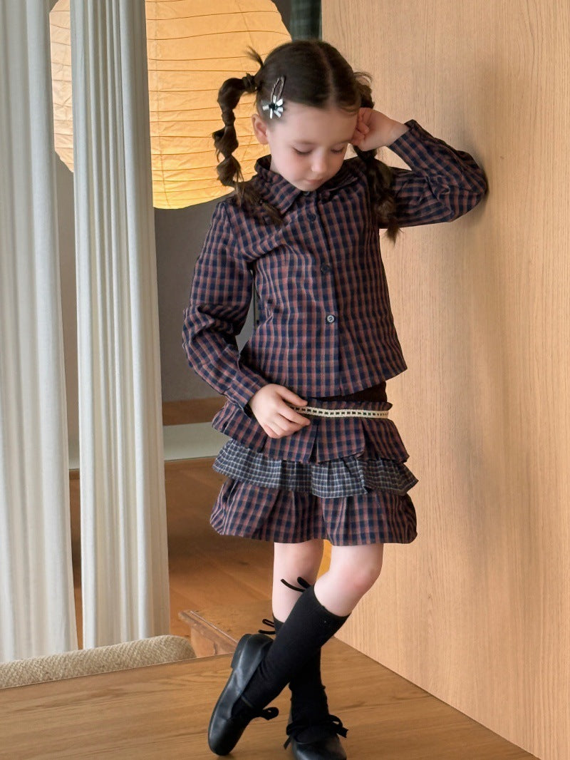 Kids' Plaid Button-Up Long-Sleeve Shirt and Colorblock Tiered Mini Skirt Set [mh0014085]