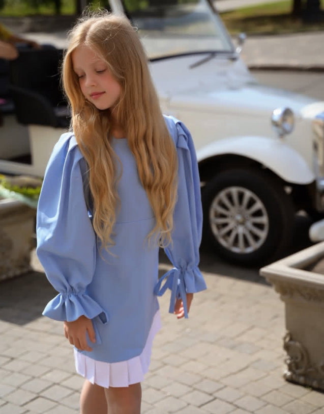 Kids' Pleated Paneled Puff-Sleeve Long-Sleeve Dress【mh0014739】