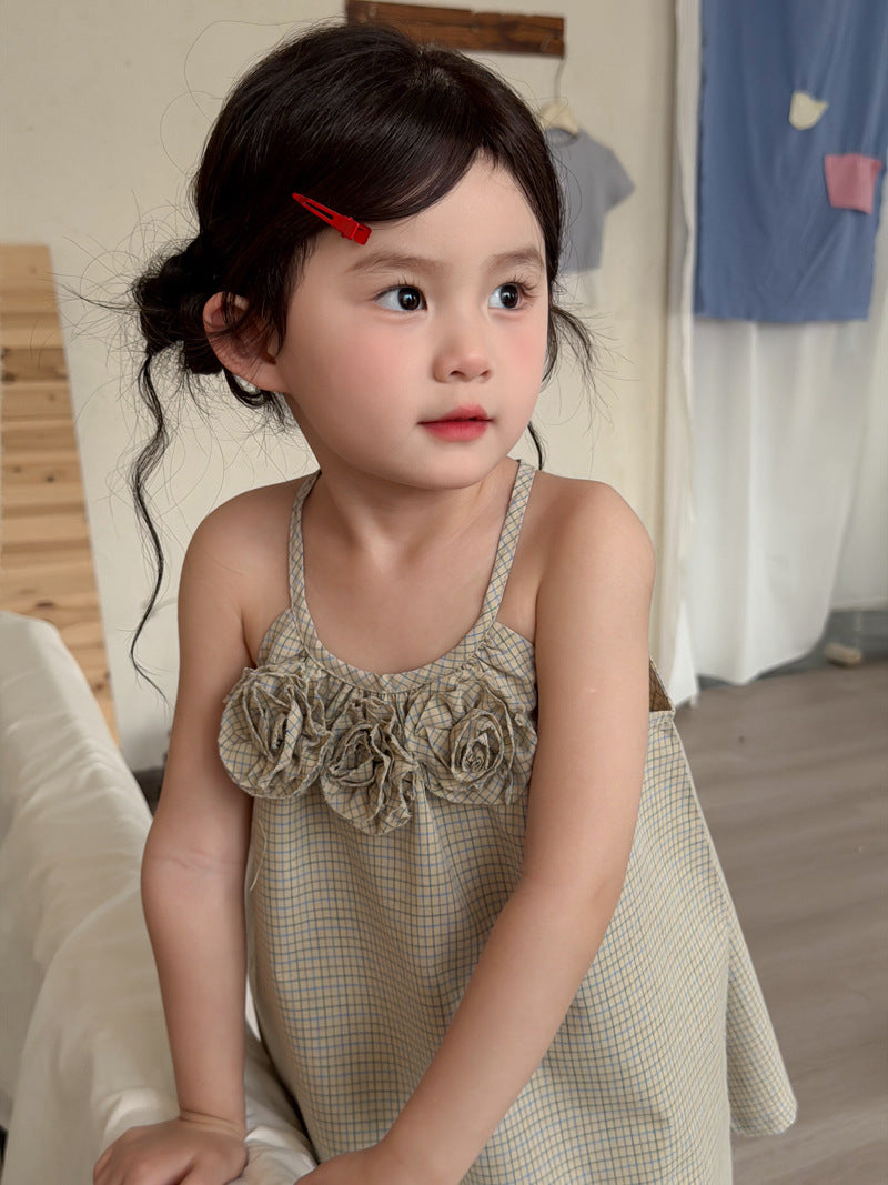 3D Flower Plaid Dress チェック キャミワンピース【mh0013116】