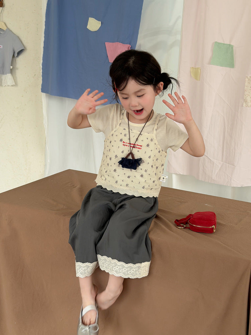 Floral Layered Camisole Set フラワープリント 半袖Tシャツ【mh0013113】