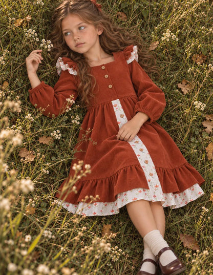 Vestido princesa lolita de pana con flores y bloques de color para niña, primavera/otoño 2027, estilo JK de dos piezas falso【mh0014745】