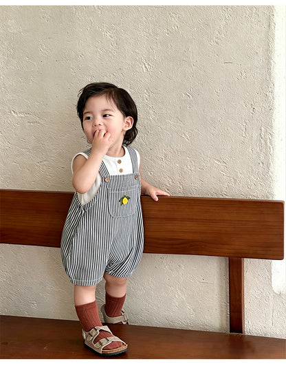 Lemon Striped Bib Shorts ストライプ 刺繍サロペット【mh0013036】