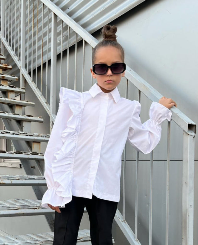 Kids' Side-Ruffle Cotton Long-Sleeve Shirt [mh0014744]